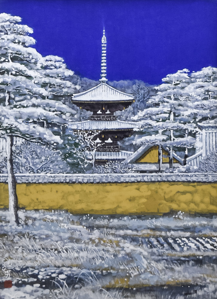 真作】絵画 後藤純男 水彩12号 法隆寺 優雅な古都の風景 共